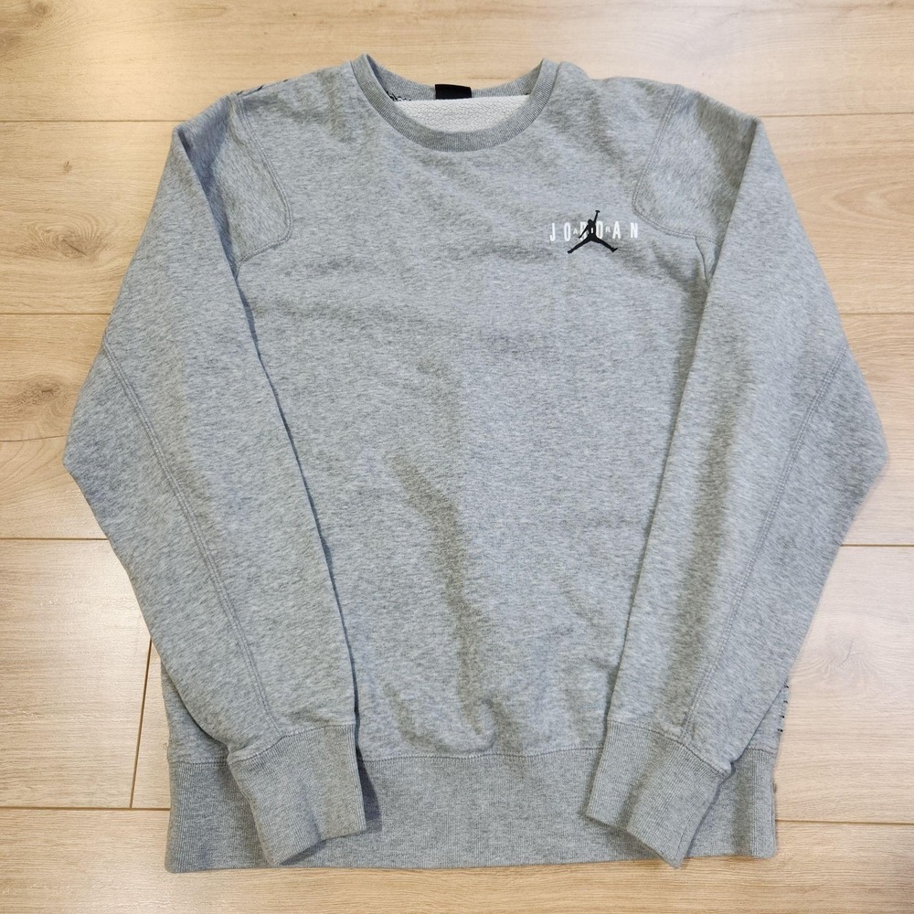 Jordan Sweatshirt Mens Medium Gray Striped Jumpman Back Crewneck Fleece Pullover